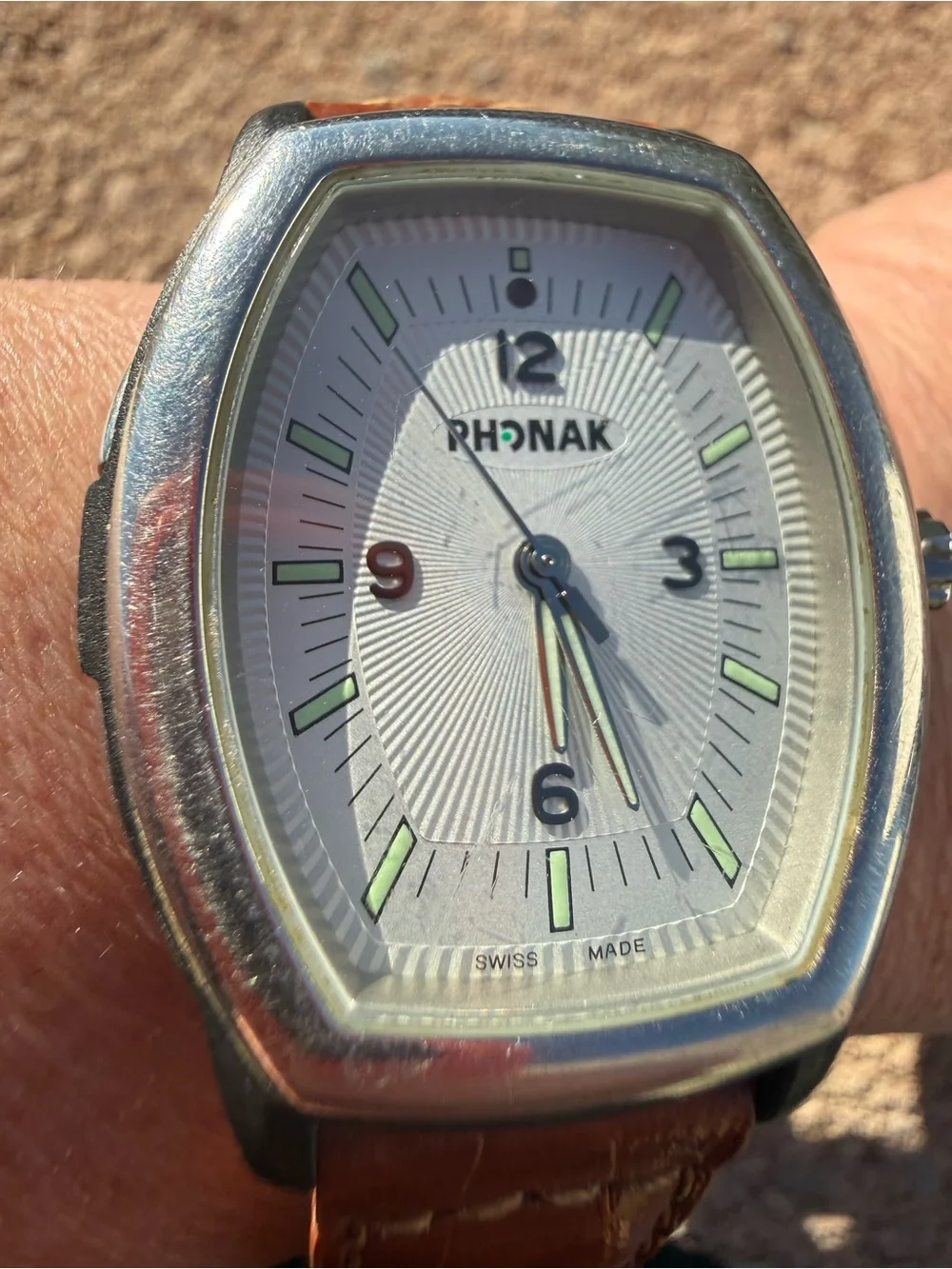 Vintage Phonak Swiss Made Men’s Watch – Brown Leather Strap, Rectangular Case